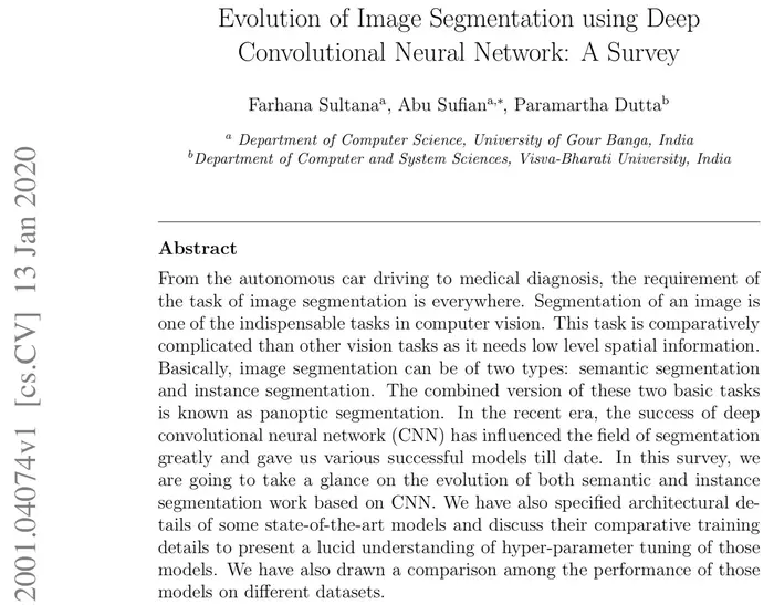 图像分割综述论文“Evolution of Image Segmentation using Deep Convolutional Neural Network: A Survey”