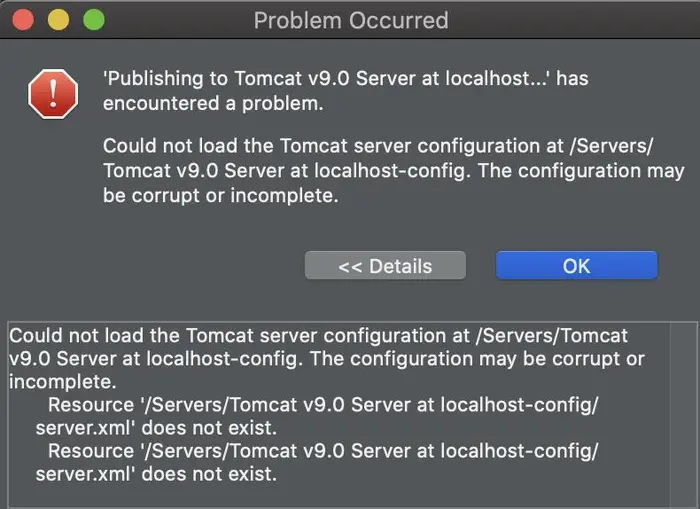 Java--Publishing to Tomcat v9.0 Server at localhost has encountered a problem.