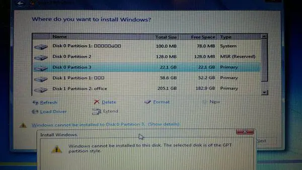 Windows cannot be installed to this disk. The selected disk has an MBR partition table