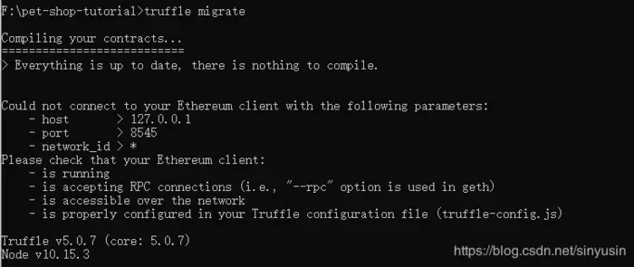 truffle部署智能合约报错：Could not connect to your Ethereum client with the following parameters