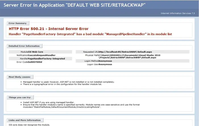 Windows 7 IIS (HTTP Error 500.21 - Internal Server Error)解决