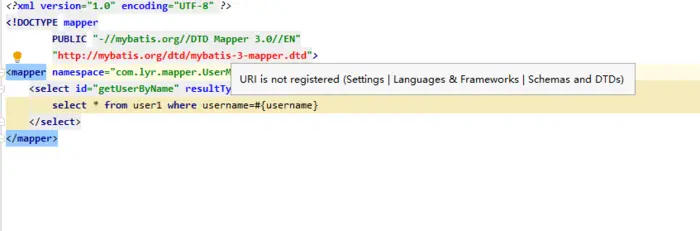 Mybatis配置Mapper.xml时报：URI is not registered (Settings | Languages & Frameworks | Schemas and DTDs)