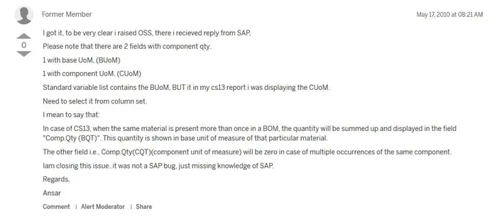 SAP中同一物料在BOM中出现多次的情况下在CS13中组件数量CUn显示为０的问题实例