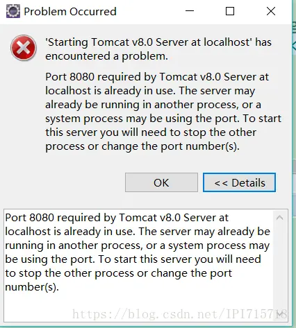 eclipse启动tomcat报错'Start Tomcat v8.0 Server at localhost' has encountered a problem.