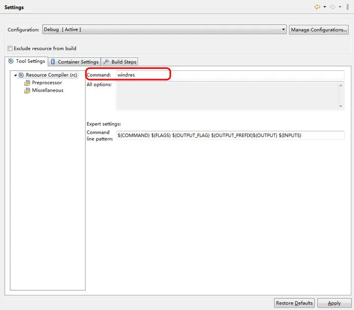 Eclipse CDT编译Windows资源文件（.rc文件）