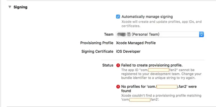 react native ios真机调试：The app ID cannot be registered to your development team