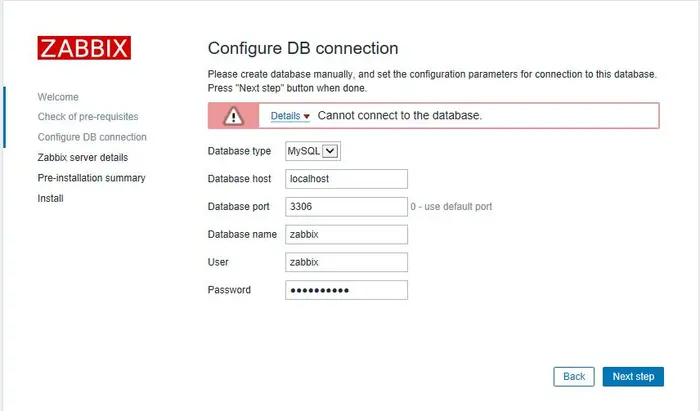 Zabbix Cannot connect to the database