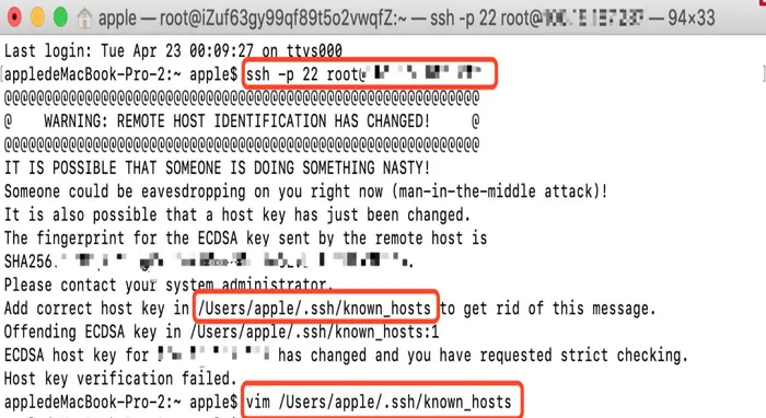 Mac使用终端连接服务器时，提示 WARNING: REMOTE HOST IDENTIFICATION HAS CHANGED! 解决办法
