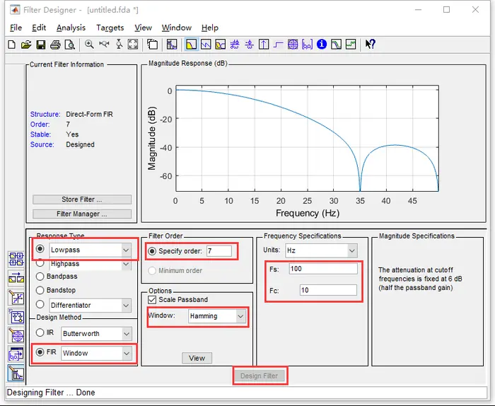 利用Matlab filterDesigner 工具生成FIR滤波器函数，并调用实现低通滤波
