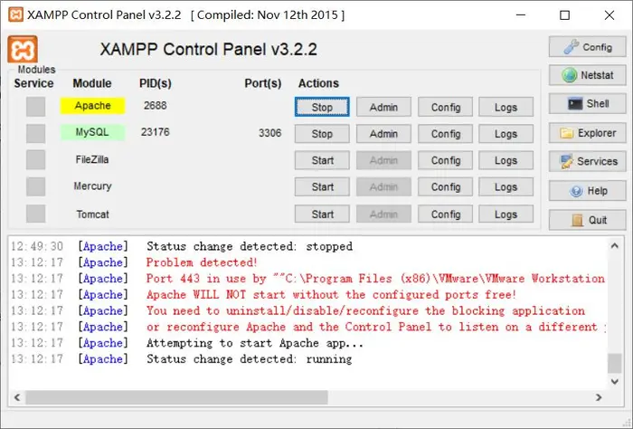 解决XAMPP端口被占用（apache）