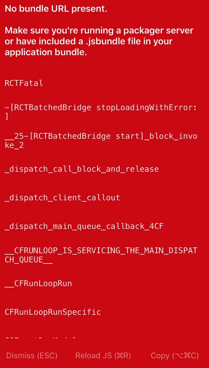 No bundle URL present Make sure you’re running a packager server or have included a .jsbundle file