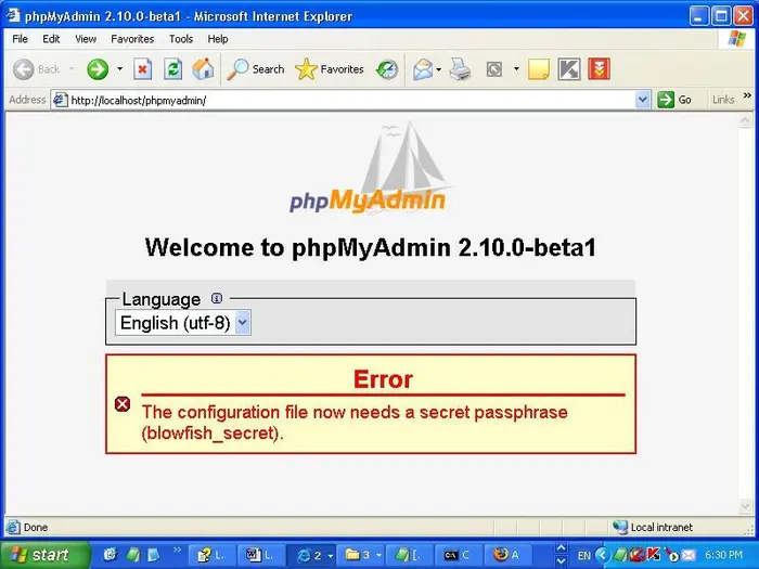 Install myphpamin and find the error: The configuration file now needs a secret passphrase (blowfish...