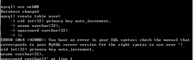MySql建表时出错ERROR 1064 (42000): You have an error in your SQL syntax; check the manual that correspond