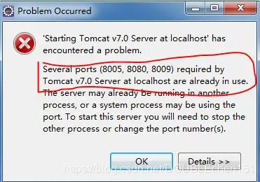 Several ports (8005, 8080, 8009) required by Tomcat v7.0 Server at localhost are already in use.