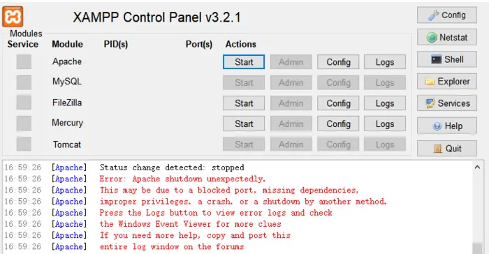 XAMPP Control Panel:Apache无法启动。 [Apache] Error: Apache shutdown unexpectedly.